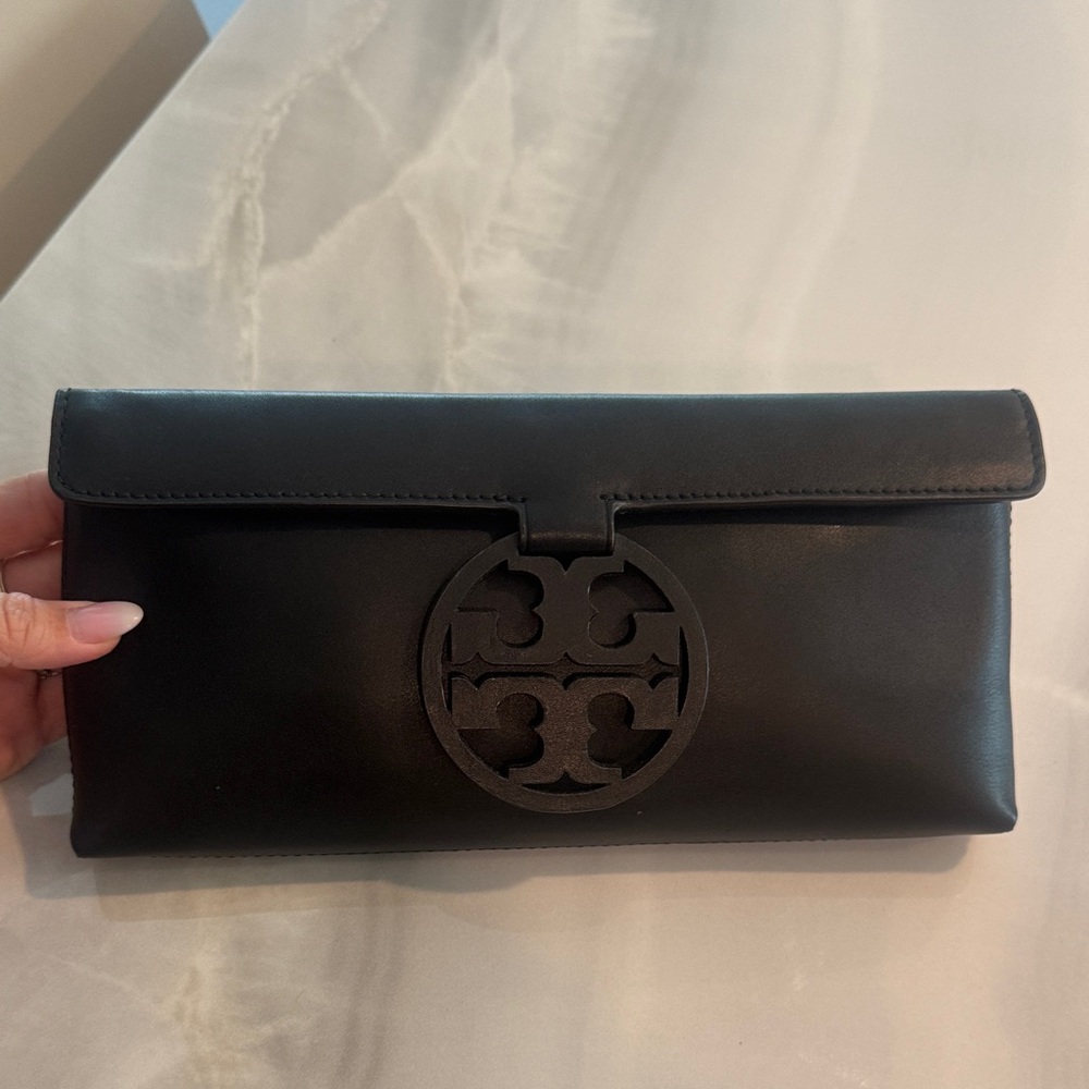 Tory Burch Black Leather Logo Foldover Clutch